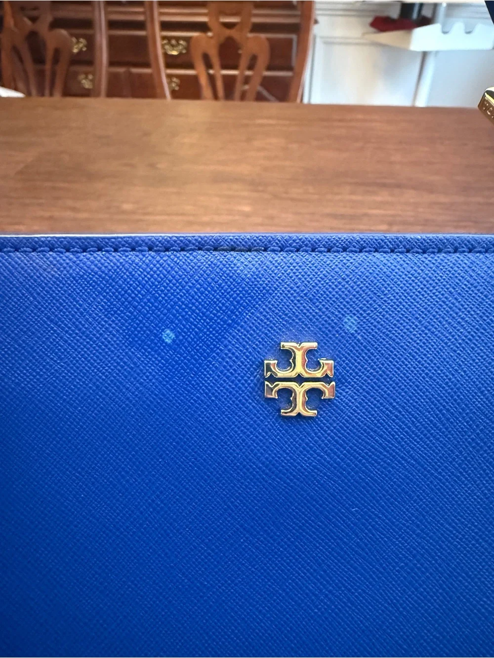 Tory Burch Yorkie Bright Blue Leather Tote with Gold Logo